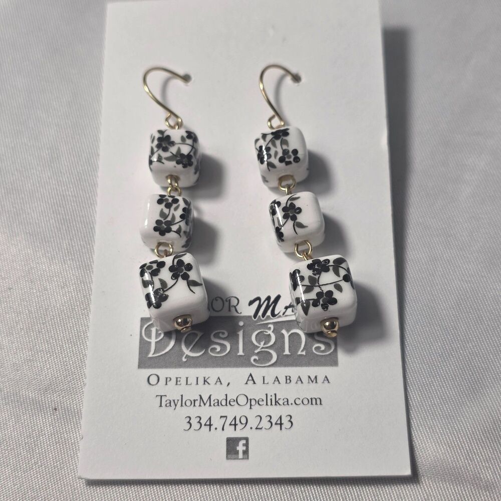 Handmade Dangle Earrings Square White Ceramic Cube with Black Floral Design NEW